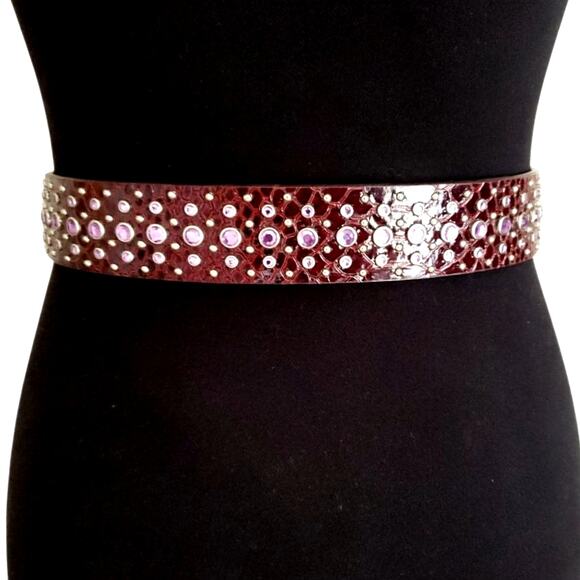 Ariat Burgundy Leather Bling Belt 32 Crystal Reptile Print Tooled Buckle Western - Picture 10 of 11